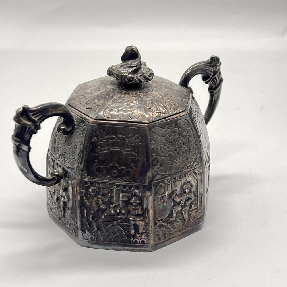 Vintage Victorian Silverplate Figural Tavern Scene Octagonal Coffee Tea Set UK - Picture 3 of 16